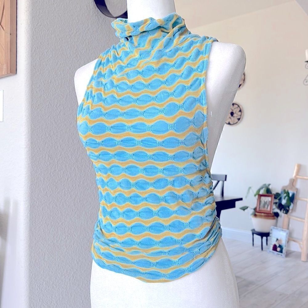 NWOT Free People Mock Neck Sleeveless Wavy Stripes Blue Mustard Tank Racer Back
